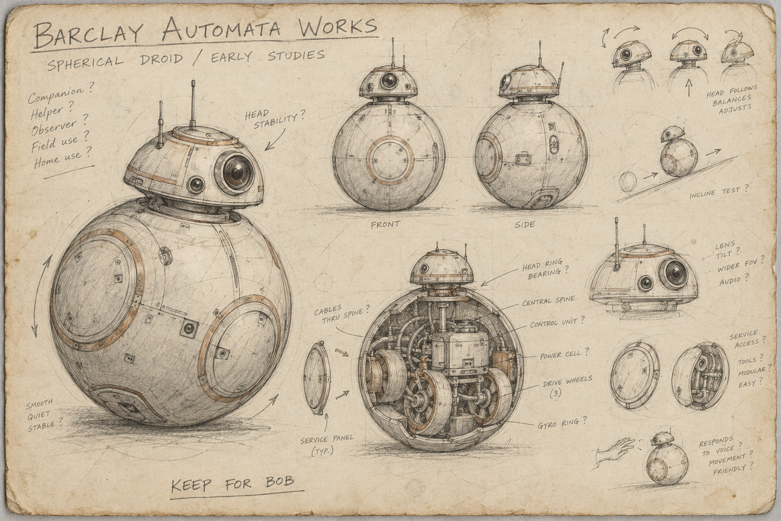 Aged Barclay Automata Works notebook with rough spherical droid sketches, mechanical studies and a Keep for Bob note